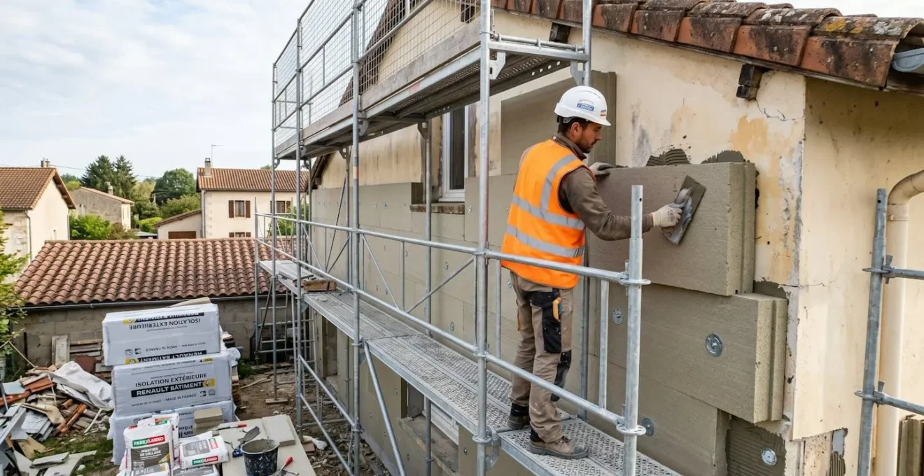 Artisan posant des panneaux d'isolation thermique rigides sur la façade d'une maison individuelle, échafaudage et matériaux de chantier ITE visibles