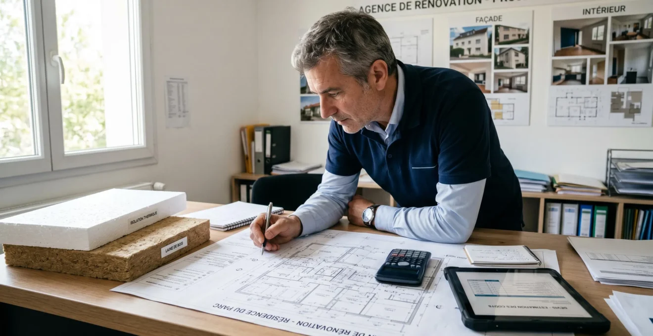 Professionnel du bâtiment examinant plans techniques et échantillons d'isolants thermiques dans une agence de rénovation, contexte accompagnement projet ITE