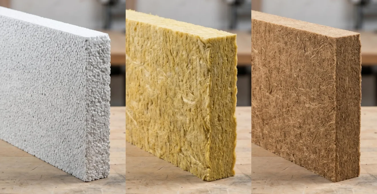 Trois échantillons de matériaux isolants pour ITE côte à côte : polystyrène expansé blanc, laine de roche ocre et fibre de bois brun, montrant textures et densités différentes