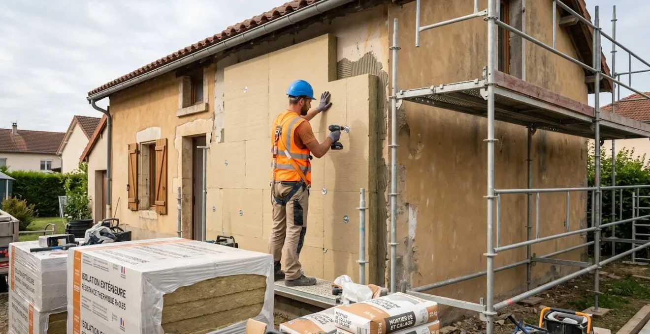 Artisan posant des panneaux d'isolation thermique rigides sur la façade d'une maison individuelle, échafaudage et matériaux de chantier ITE visibles