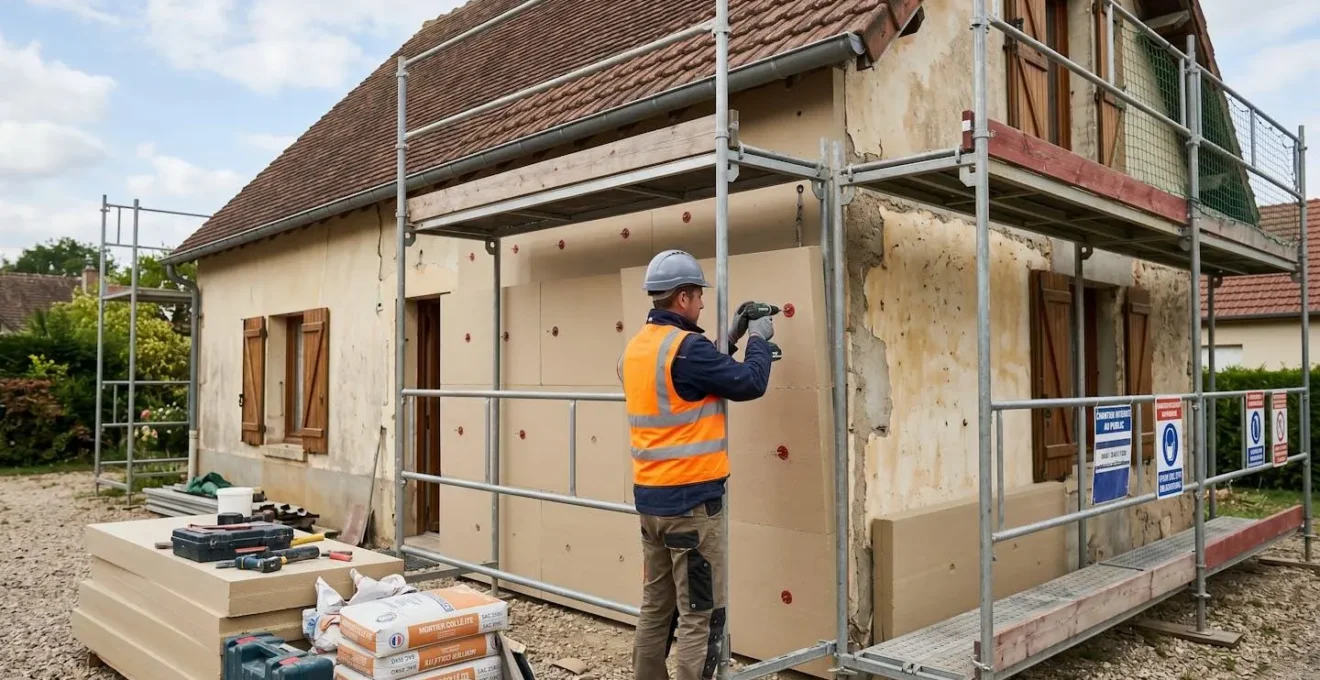 Artisan posant des panneaux d'isolation thermique rigides sur la façade d'une maison individuelle, échafaudage et matériaux de chantier ITE visibles