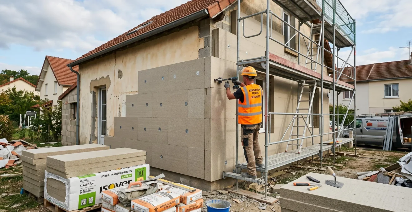 Artisan posant des panneaux d'isolation thermique rigides sur la façade d'une maison individuelle, échafaudage et matériaux de chantier ITE visibles