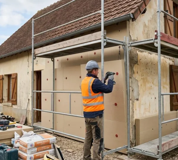 Artisan posant des panneaux d'isolation thermique rigides sur la façade d'une maison individuelle, échafaudage et matériaux de chantier ITE visibles