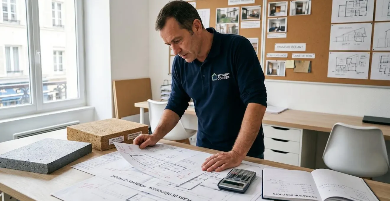Professionnel du bâtiment examinant plans techniques et échantillons d'isolants thermiques dans une agence de rénovation, contexte accompagnement projet ITE