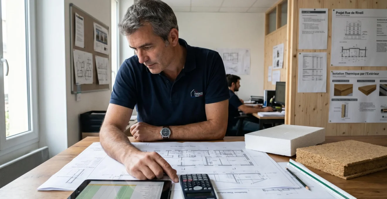 Professionnel du bâtiment examinant plans techniques et échantillons d'isolants thermiques dans une agence de rénovation, contexte accompagnement projet ITE