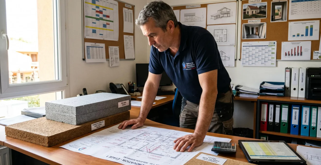 Professionnel du bâtiment examinant plans techniques et échantillons d'isolants thermiques dans une agence de rénovation, contexte accompagnement projet ITE
