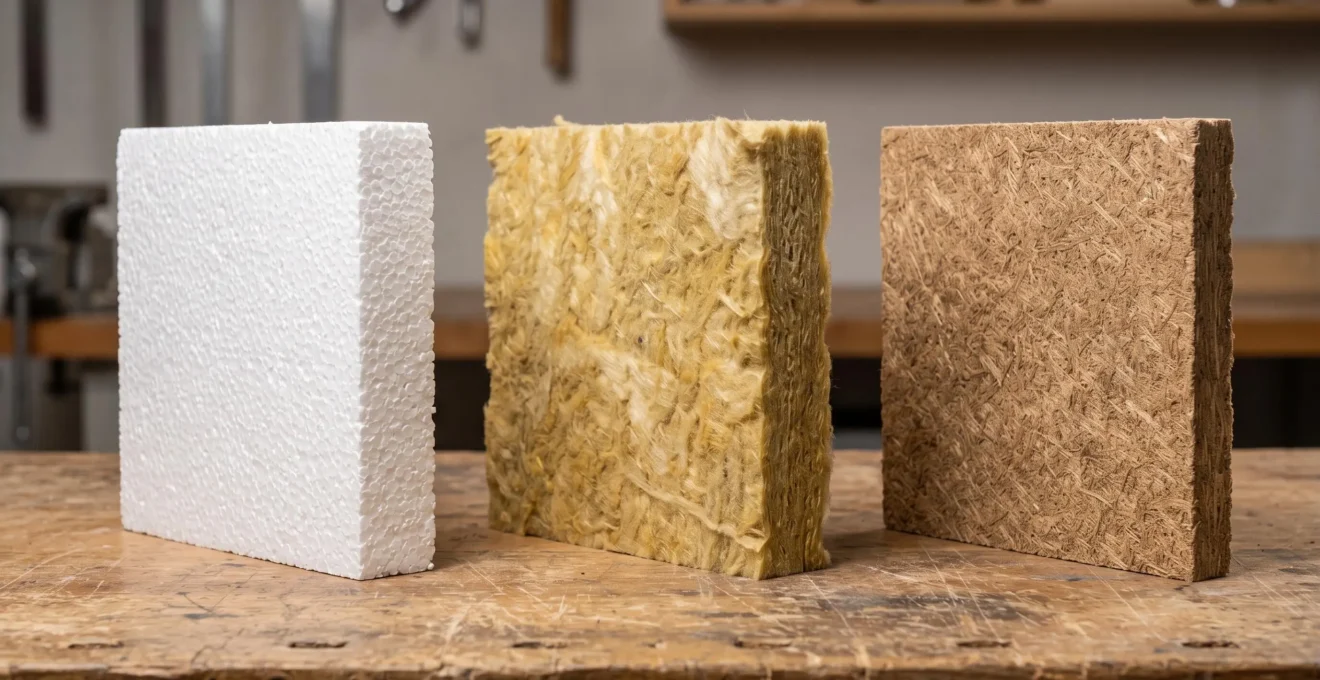 Trois échantillons de matériaux isolants pour ITE côte à côte : polystyrène expansé blanc, laine de roche ocre et fibre de bois brun, montrant textures et densités différentes