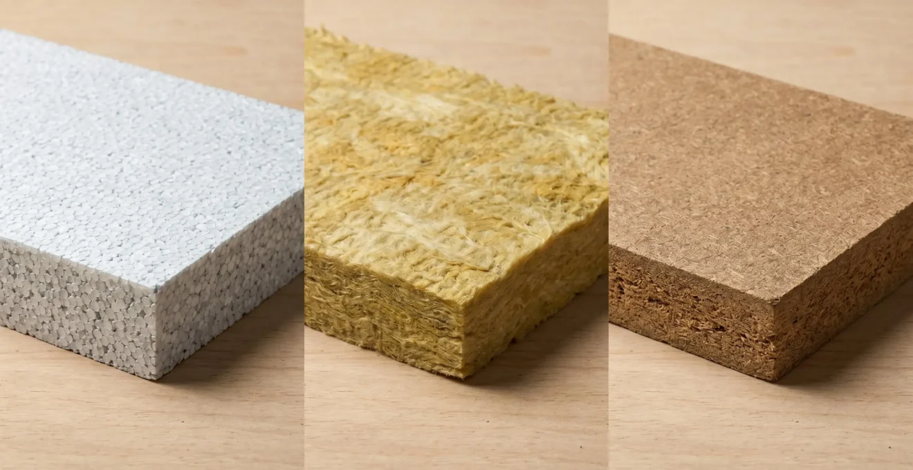 Trois échantillons de matériaux isolants pour ITE côte à côte : polystyrène expansé blanc, laine de roche ocre et fibre de bois brun, montrant textures et densités différentes