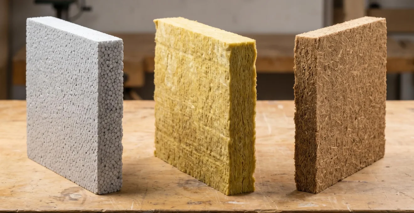 Trois échantillons de matériaux isolants pour ITE côte à côte : polystyrène expansé blanc, laine de roche ocre et fibre de bois brun, montrant textures et densités différentes